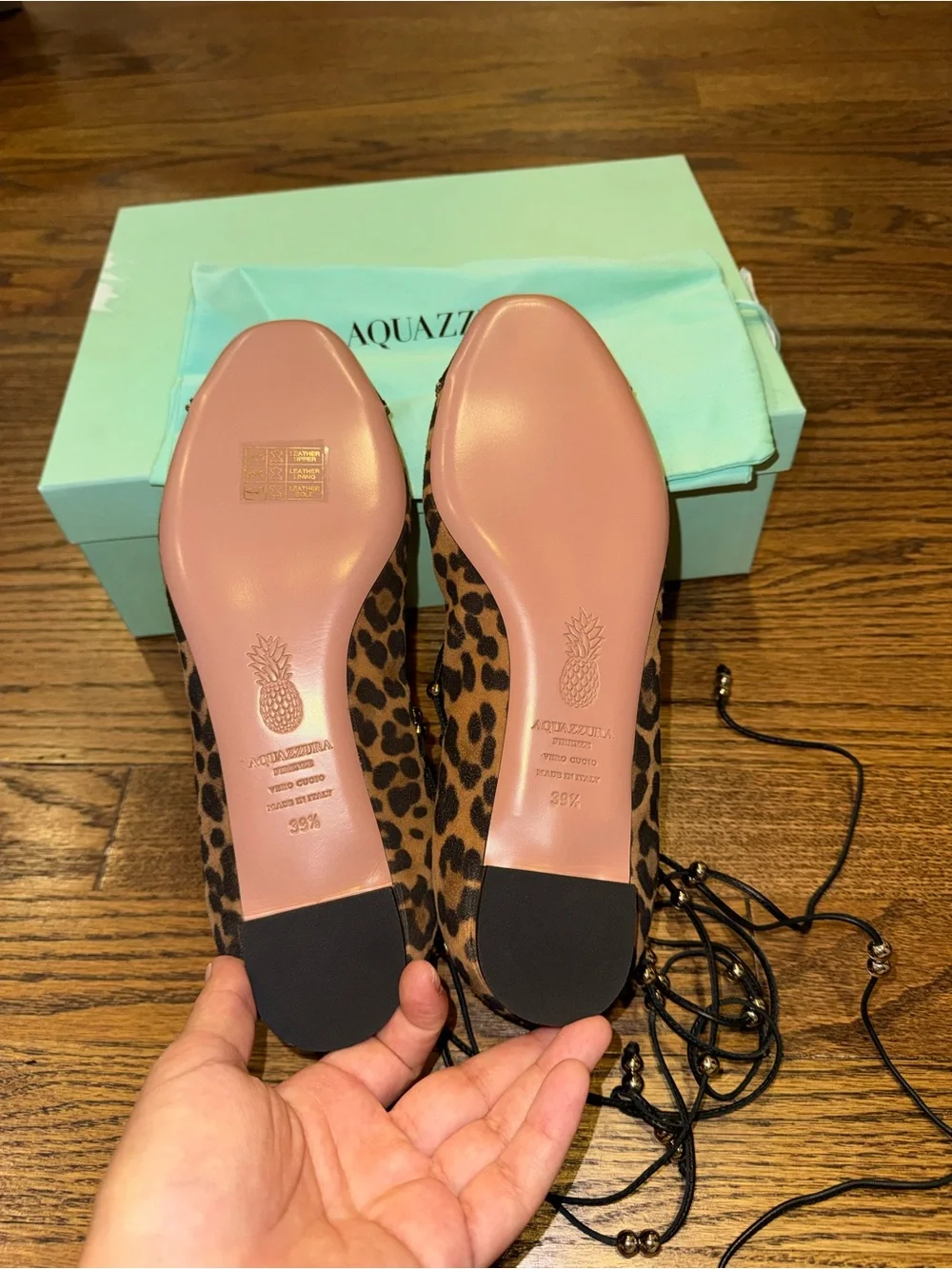 New Size 39.5 Aquazzura Leopard Print Suede and Fabric Tie Up Ballet Flats